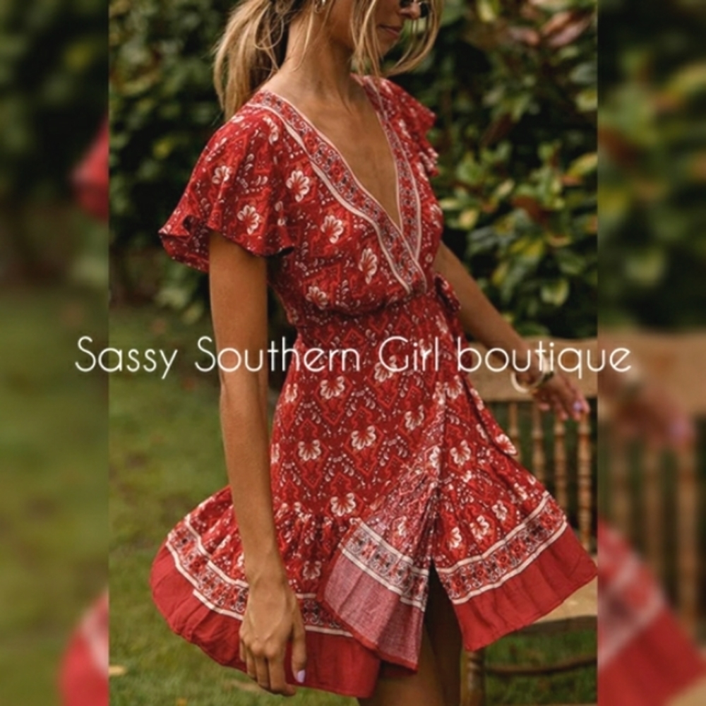 🆕⭐ Boho red wrap dress